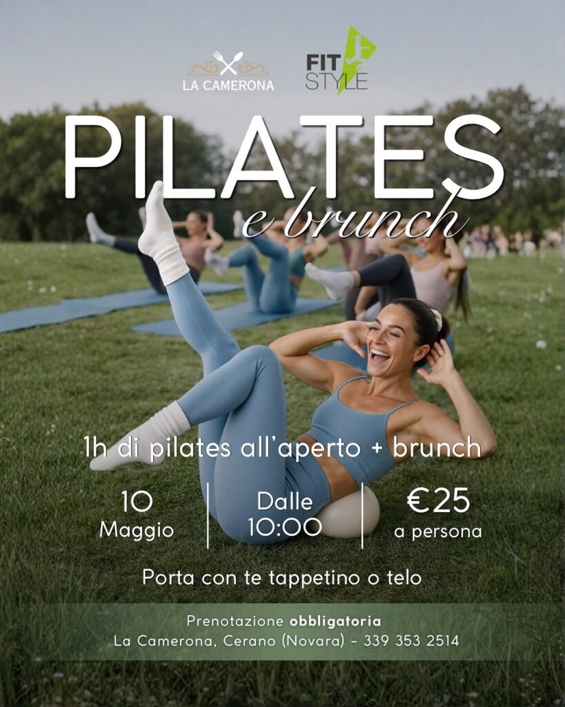 Locandina per l'evento Pilates e Brunch a La Camerona, il 10 Maggio 2026